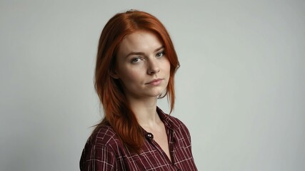 Wall Mural - teen stunning red hair caucasian woman with red shirt model portrait standing straight on a plain white background for ad concept space for text