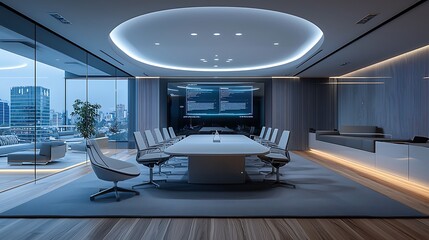 Modern corporate meeting room with city view, providing a sophisticated and inspiring setting for professional collaboration and decision-making.