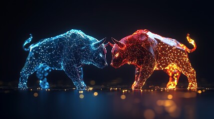 Abstract bull and bear market concept with glowing lights, blending traditional market symbols with the modern aesthetics of digital design.