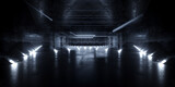 Fototapeta Do przedpokoju - Cyber Sci Fi Futuristic Stage Showcase White Beams Neon Lasers On Dark Showroom Parking Tunnel Corridor Warehouse Garage Hangar Alien Spaceship Grunge Concrete Realistic 3D Rendering