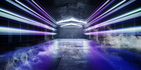 Wall Mural - Smoke Fog Hangar Cyber Technology Sci Fi Futuristic Tunnel Corridor Cement Concrete Grunge Underground Basement Laser Neon Glowing Empty Space Showroom Background Graphic 3D Rendering