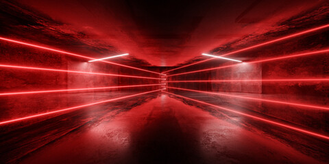 Wall Mural - Cyber Sci Fi Futuristic Stage Showcase Red Vibrant Beams Neon Lasers On Dark Showroom Tunnel Corridor Warehouse Garage Hangar Alien Spaceship Grunge Concrete Realistic 3D Rendering