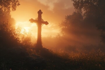 Divine sunrise illuminating a cross, golden sky, spiritual and serene atmosphere