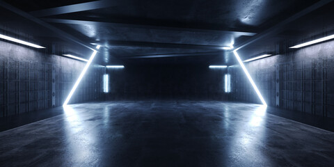 Wall Mural - Sci Fi Futuristic Cyber Stage Showcase Blue White Beams Neon Lasers On Dark Showroom Parking Tunnel Corridor Warehouse Garage Hangar Alien Spaceship Grunge Concrete Realistic 3D Rendering