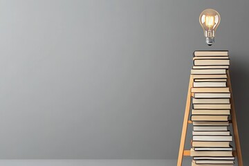 A light bulb on top of a wooden ladder leaning against a stack of books