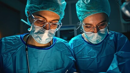 Wall Mural - group of focused surgeons working on a male patient's rescue in the hospital operating room, emergency case, surgery, and medical technology