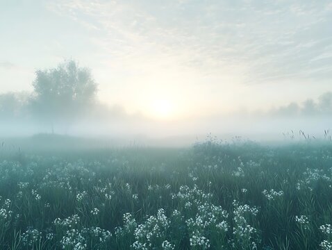 foggy field sunrise - 3d illustration