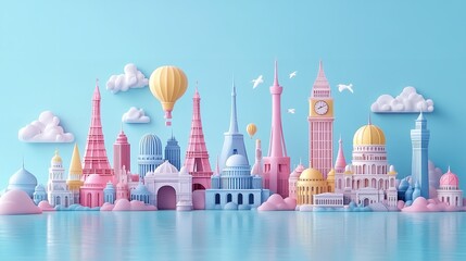 World landmarks travel illustration - Eiffel tower,Big Ben,Liberty statue,USA,Europe,France