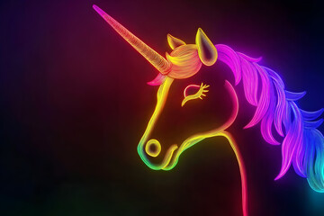 Wall Mural - Abstract neon outline of a notebook with rainbow colors and unicorn horn isolated on black background.