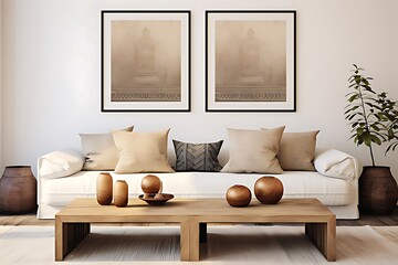 Rustic coffee table near white sofa with brown pillows against wall with two poster frames. Boho ethnic home interior design of modern living room