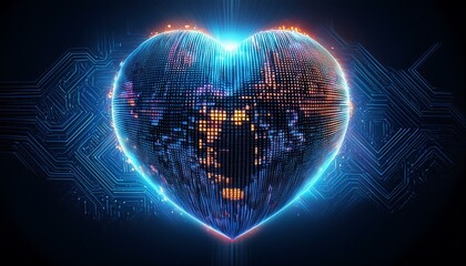 A heart shaped disco ball; a heart shaped made out of pixels and squares; binary code background; 3D art and illustration
