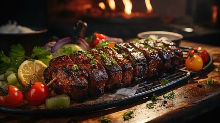 Canvas Print - Delicious kebab full of meat and vegetables, black and blur background