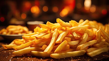 Wall Mural - Delicious French fries, crunchy, salty, tasty, with blur background