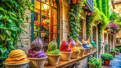 Vibrant colors of creamy gelato scoops arranged in a picturesque Italian shop window, surrounded by ancient architecture and leafy greenery, evoking a sense of la dolce vita.