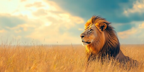 Wall Mural - a lion watching its prey in the savanna grassland