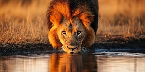 Wall Mural - african lion drinking water in the savanna