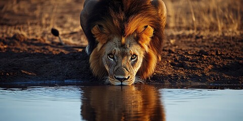 Wall Mural - african lion drinking water in the savanna
