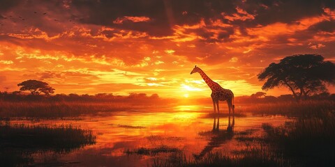 Poster - A traveler captures a serene giraffe in the glowing savanna sunset.