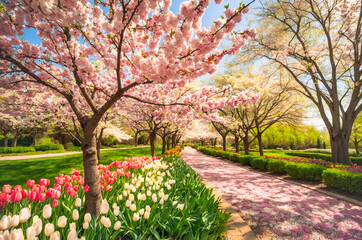 Spring Garden Beauty: Vibrant Flowers and Green Grass