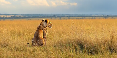 Wall Mural - a lion watching its prey in the savanna grassland