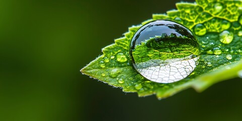 Canvas Print - Macro shot of a dewdrop on a leaf, reflecting its surroundings, Nature macro, Detail 