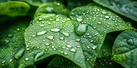 Wall Mural - water droplets on green leaf, nature photography, morning dew, stream, close-up macro, water drops o