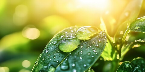 Wall Mural - close-up shot of a dewdrop on a leaf in the morning sunlight.