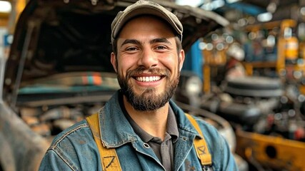 Wall Mural - A friendly auto mechanic smiling confidently while working in a car repair shop.
