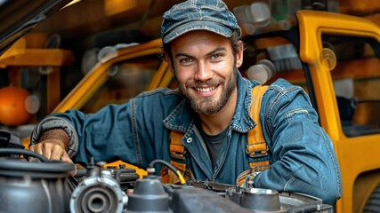 Wall Mural - A friendly auto mechanic smiling confidently while working in a car repair shop.
