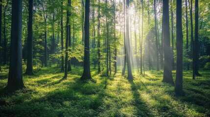  A tranquil green forest with tall trees and dappled sunlight filtering through the leaves, peaceful nature scene