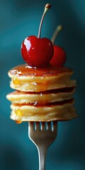 Wall Mural - drizzling maple syrup on stack of pancakes with cherry on top