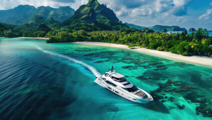 Wall Mural - A luxury yacht in the clear blue waters of an exotic island, with palm trees and white sandy beaches