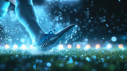 Football scene at night match with a close-up of a soccer shoe hitting the ball with power.