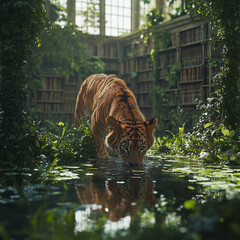 A Bengal tiger drinks water from a puddle in a jungle and is growing around the bookshelf