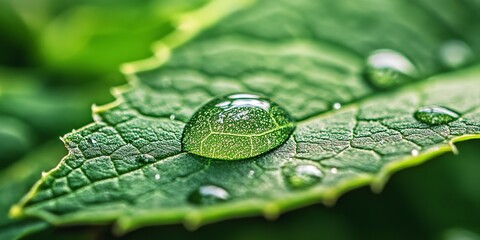 Wall Mural - close-up of a dewdrop on a green leaf.