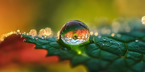 Wall Mural - macro shot of a dewdrop on a leaf, reflecting its surroundings, nature macro, detail