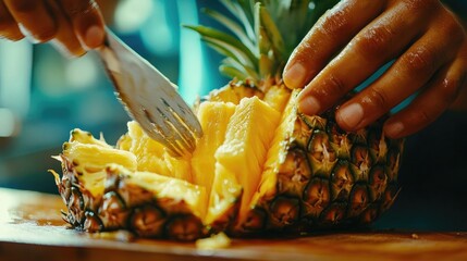 Close-up of a juicy pineapple being sliced, vibrant tropical fruit and bright colors, refreshing summer snack on a sunny day