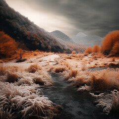 Wall Mural - Frosty landscape in mountainous valley