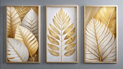 Wall Mural - set of three vertical poster, modern abstract golden and white leaf wall art canvas print