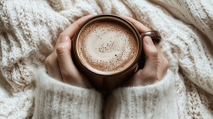 A person holding a mug of hot chocolate wrapped in a blanket with copy space