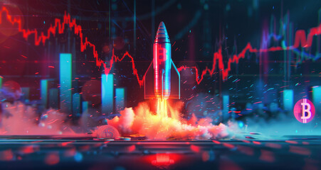 Wall Mural - A rocket with the Bitcoin logo taking off, behind it is an abstract stock market chart going up