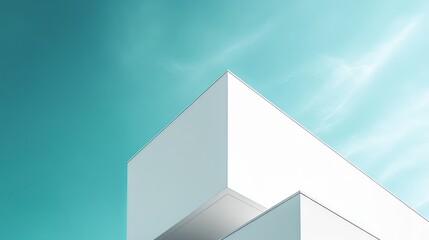 Wall Mural - A minimalist photograph of a white cube-shaped building, the clean lines and sharp angles create a strong geometric composition against a soft blue sky, more clarity with clear light and sharp focus,