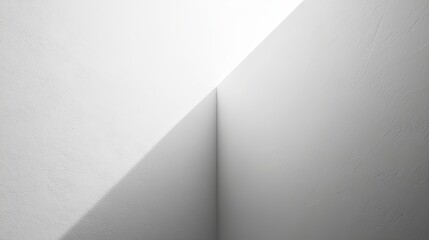 Wall Mural - A photograph of a minimalist white wall with a single, sharp corner, the angle of the light creating a strong contrast between light and shadow, more clarity with clear light and sharp focus, high