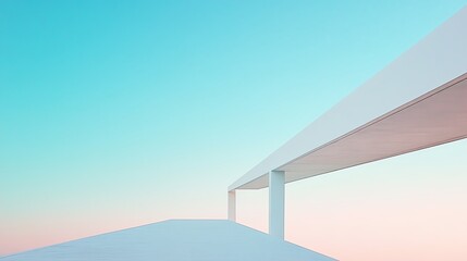 Wall Mural - A minimalist photograph of a white, linear structure extending into the frame, with a clear, gradient sky transitioning from light blue to deep blue, more clarity with clear light and sharp focus,