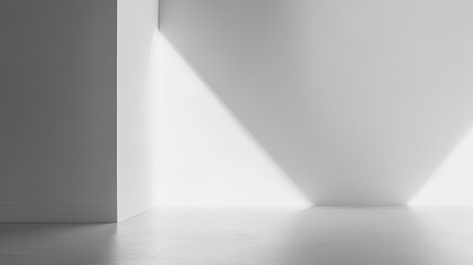 Wall Mural - A photograph of a minimalist white wall with a single, sharp corner, the angle of the light creating a strong contrast between light and shadow, more clarity with clear light and sharp focus, high