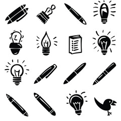 Canvas Print - Seamless pattern of pens, lightbulbs, and related icons in black on a white background.