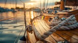 Classic wooden sailboat moored at dock at sunset, evoking adventure and timeless nostalgia