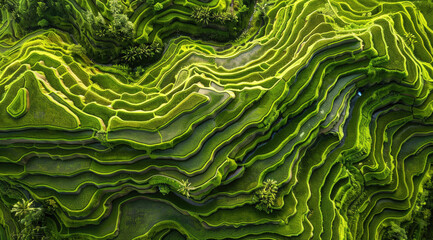 Wall Mural - Aerial view of rice terraces in Bali, multiple layers, green colors