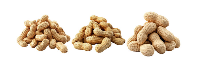 Peanuts set isolated on transparent background, shelled and unshelled peanuts collection for snacks and cooking