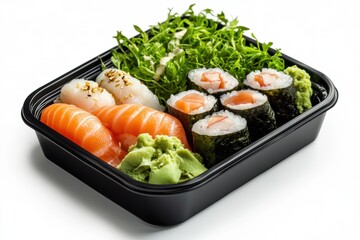 bento box featuring sushi, sashimi, and seaweed salad